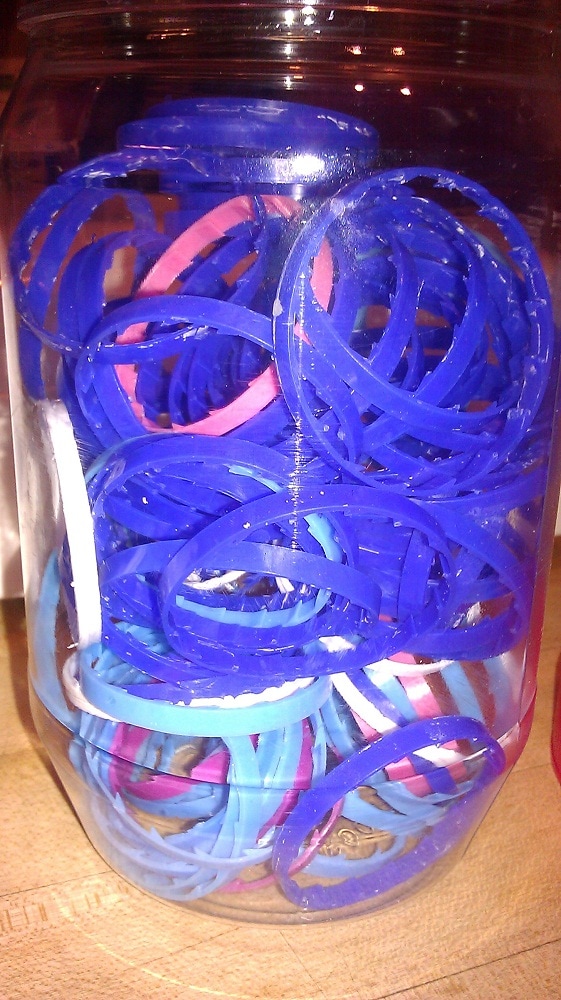 A jug of plastic milk rings. 