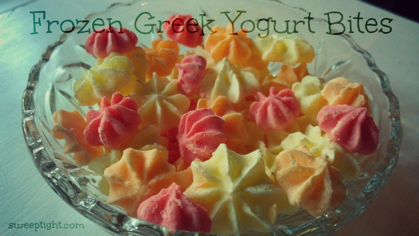 Frozen yogurt bites in a bowl.