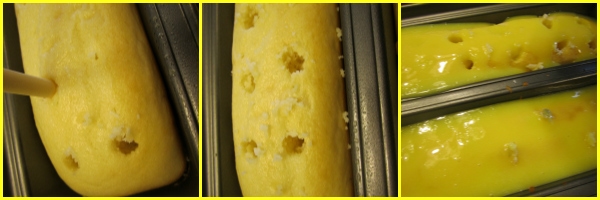 Poking holes in cake. 