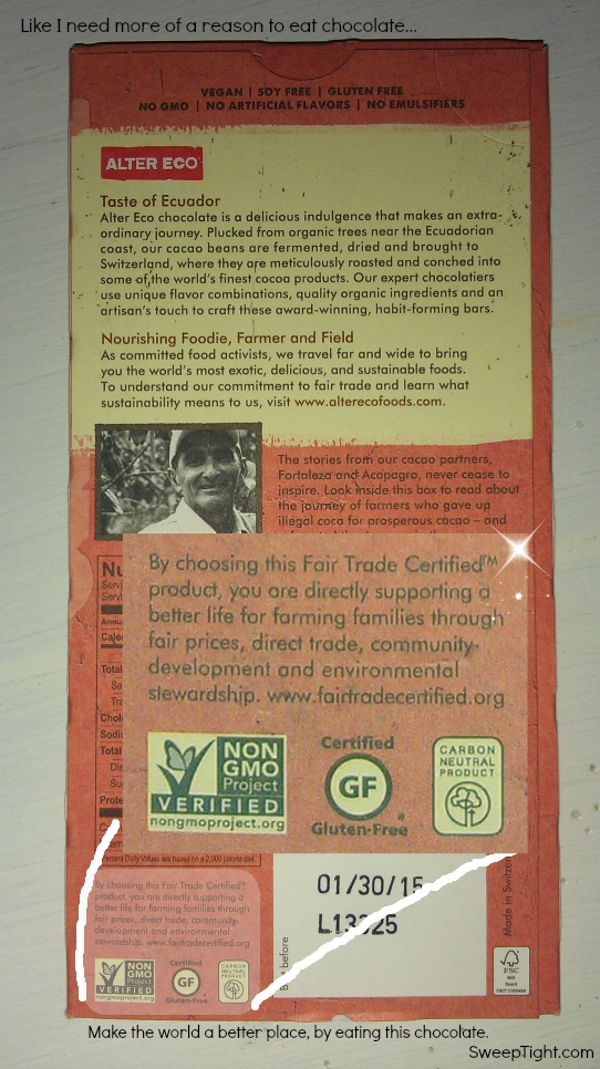 Alter Eco Fair Trade Organic Chocolate back of the package. 