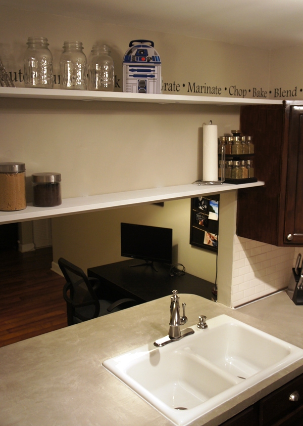 Freshly painted kitchen shelves.