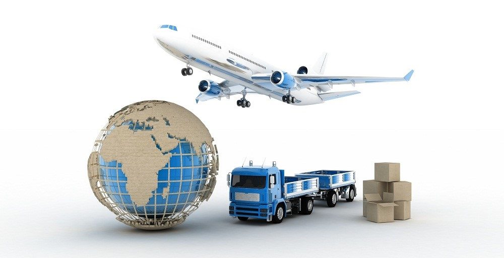 Airplane, globe, and truck to represent different ways to ship products