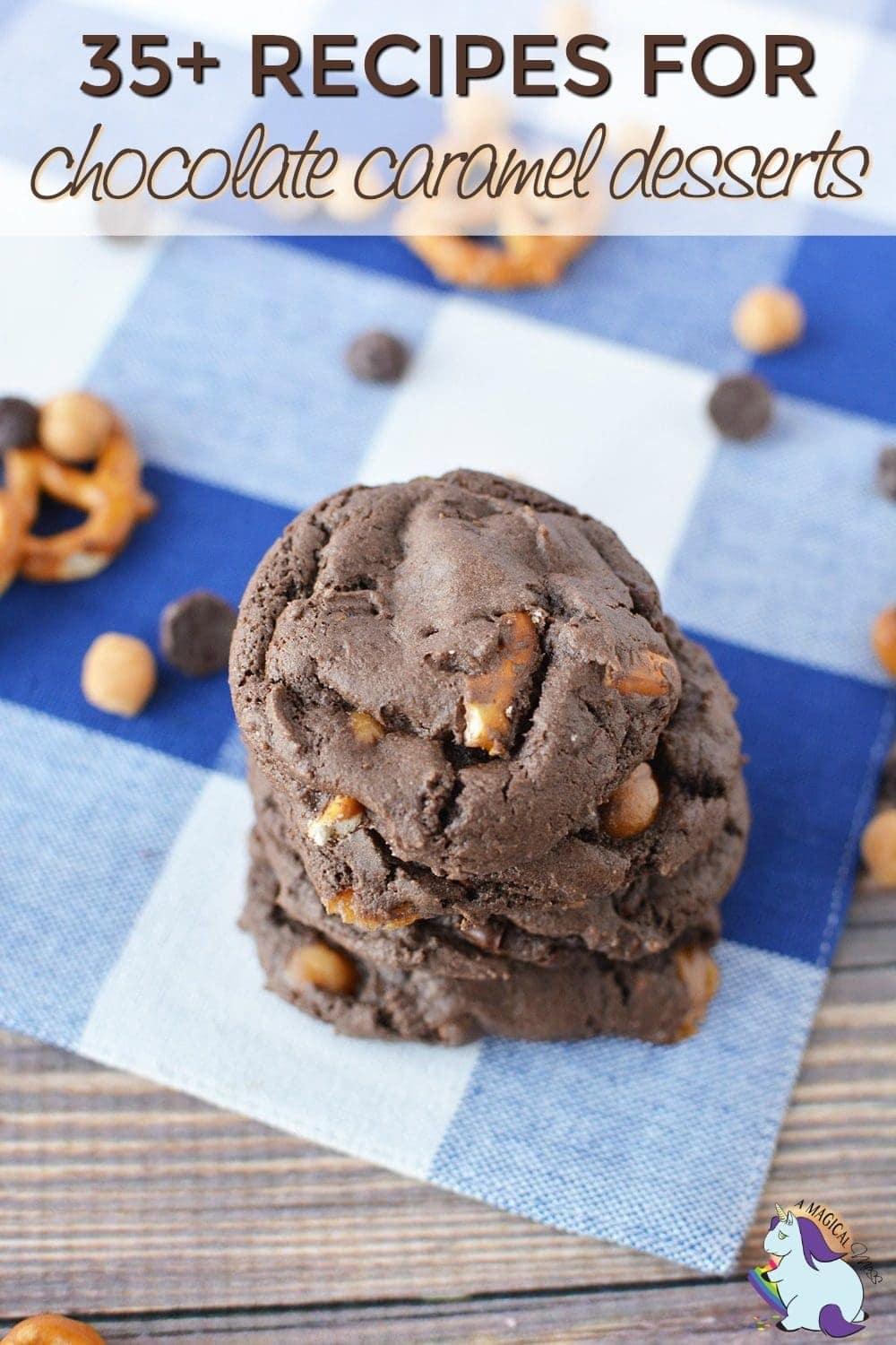 Chocolate caramel cookies with pretzels on a napkin.