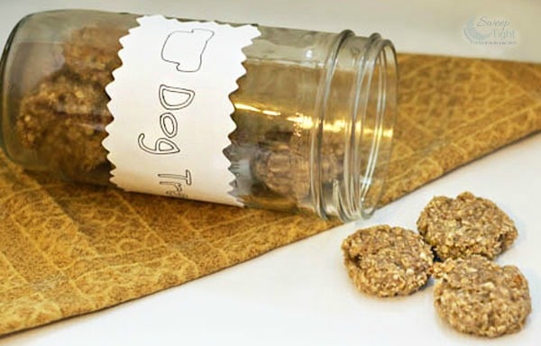 Jar of dog treats tipped over with three of them on the table. 