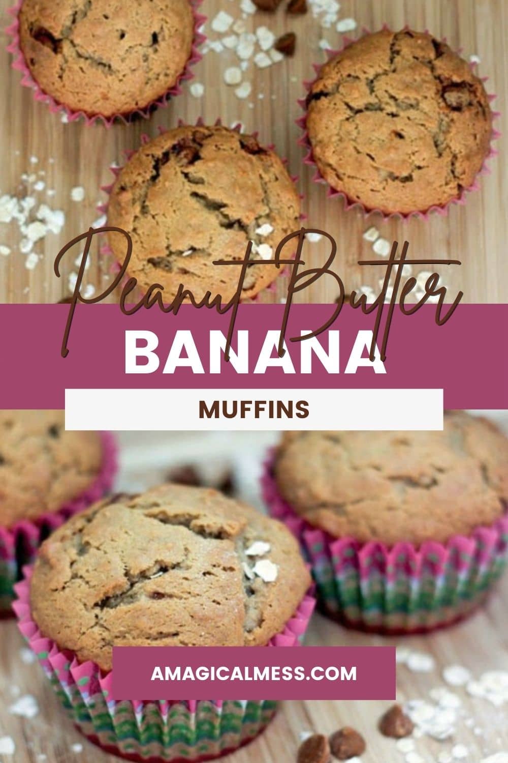 Muffins on a board surrounded by oats and chips.