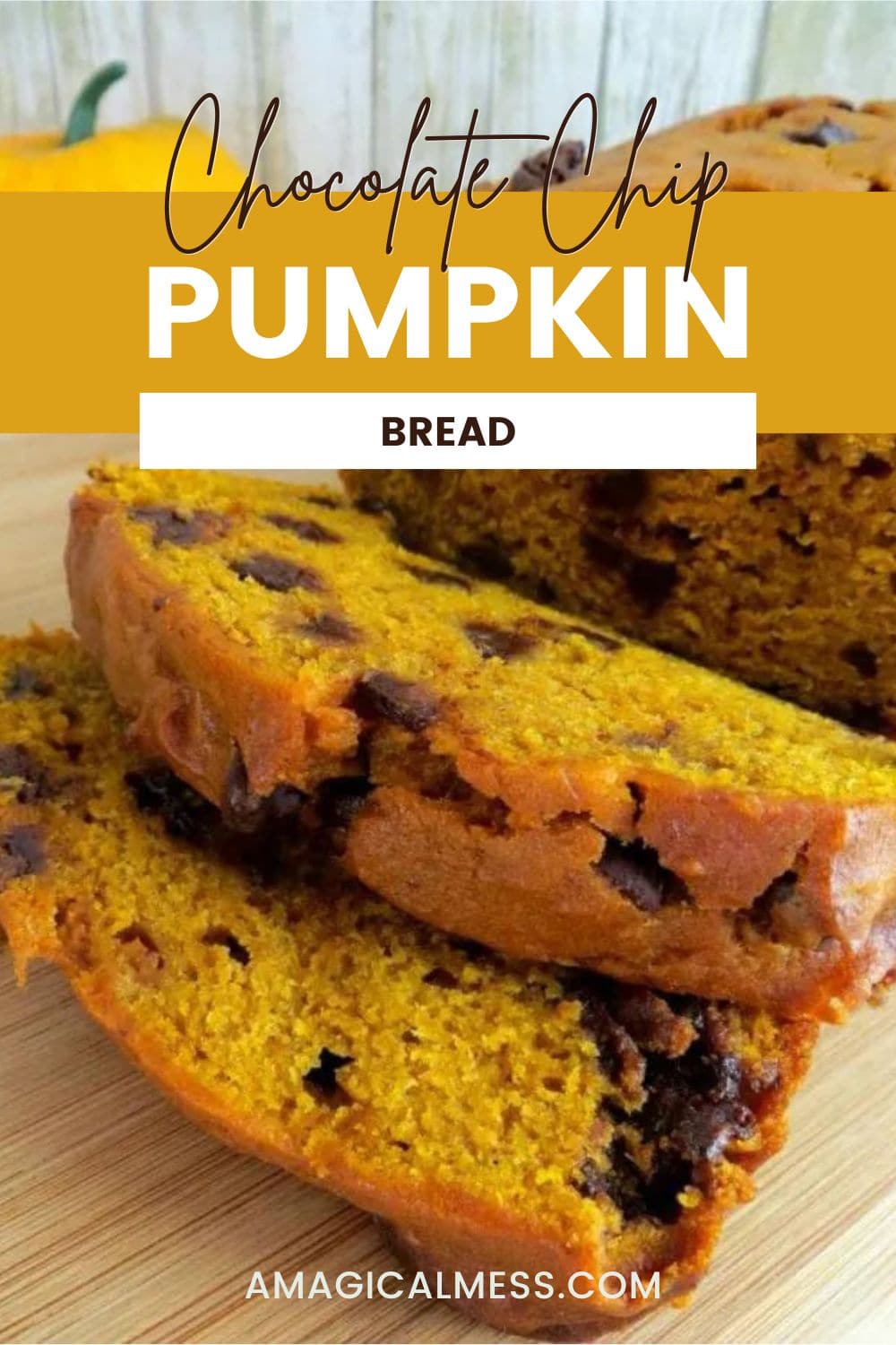 Chocolate chip pumpkin bread sliced.