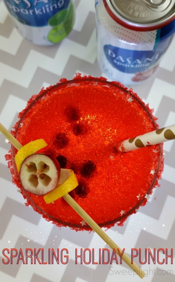 Overhead shot of a red sparkly drink.