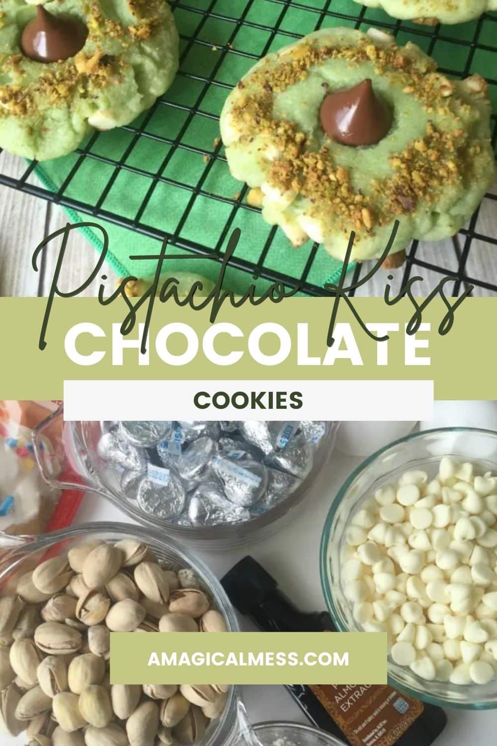 Green cookies with chocolate kisses in the middle.