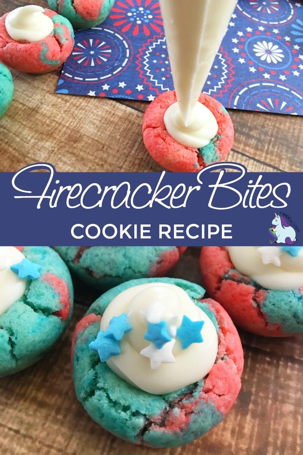 Red, white, and blue cookies with star sprinkles.