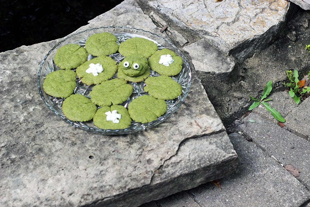 Plate of lily pad cookies and a frog cookie