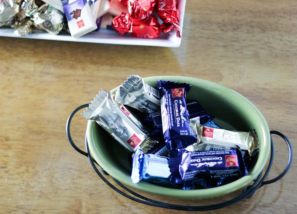 Pieces of Frey candies in a dish.