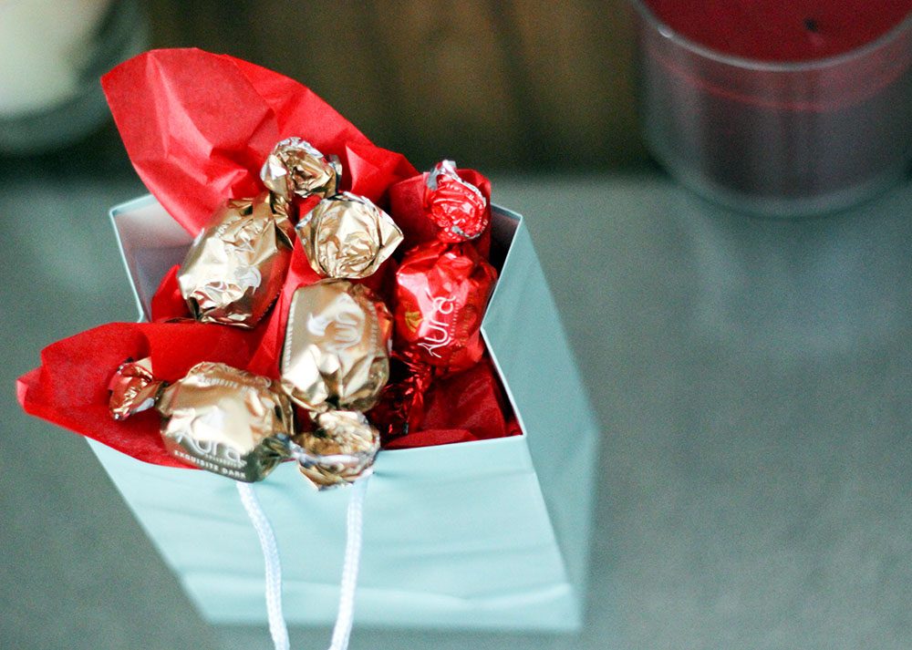 Candy topping a gift bag.