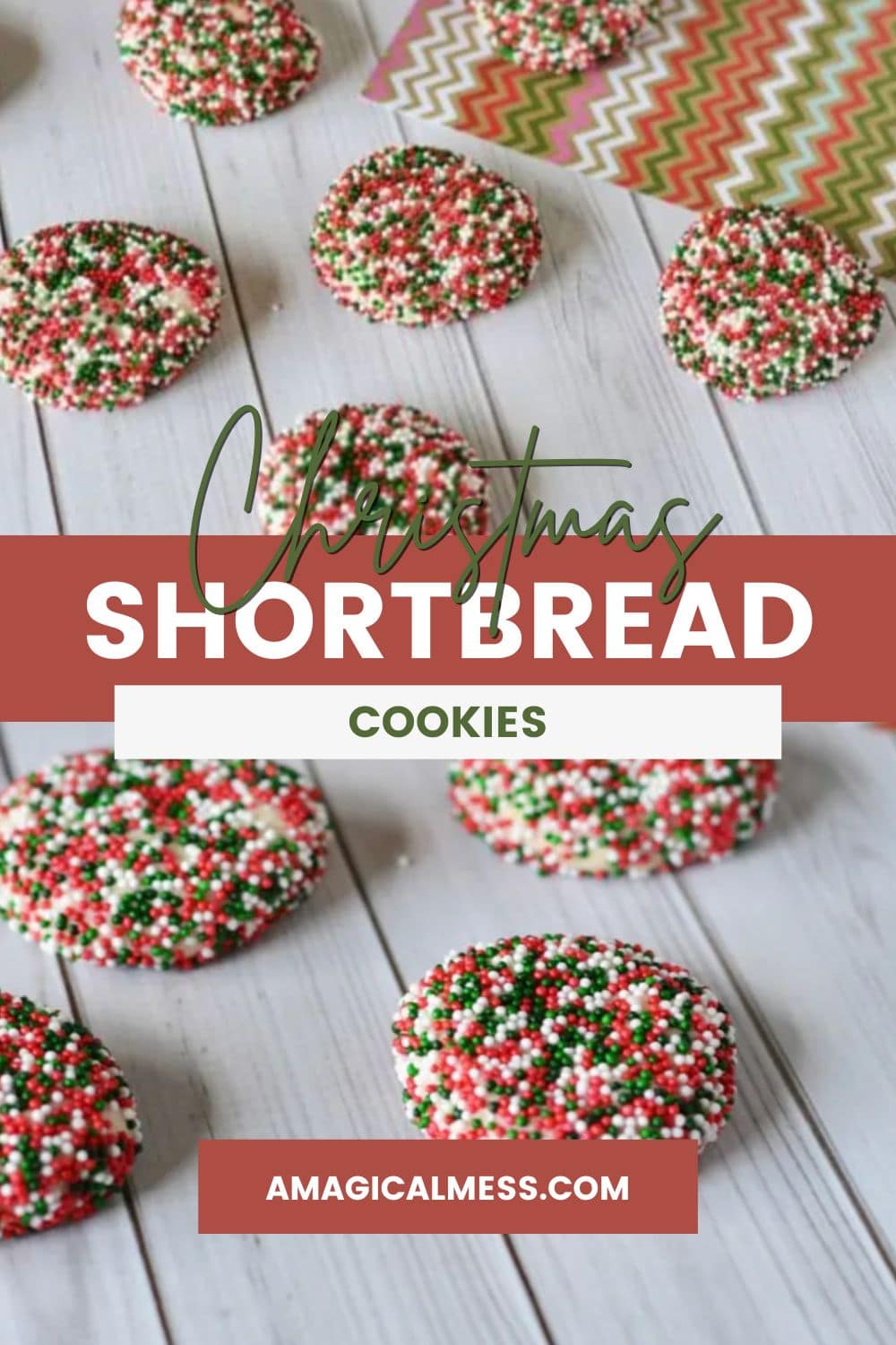 Little shortbread cookies covered in red, green, and white nonpareils.