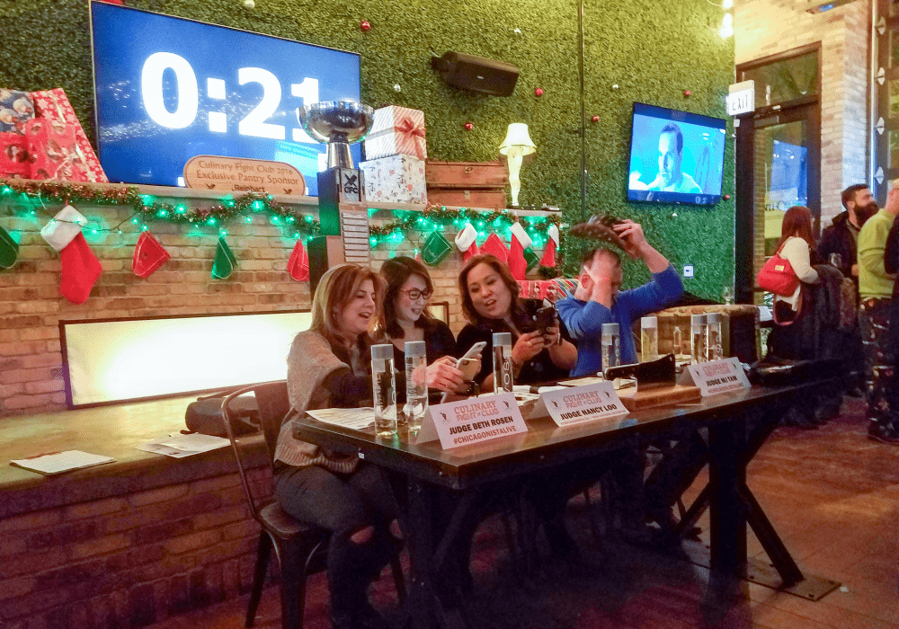 Beth Rosen, Nancy Loo, and MJ Tam as judges at Culinary Fight Club.