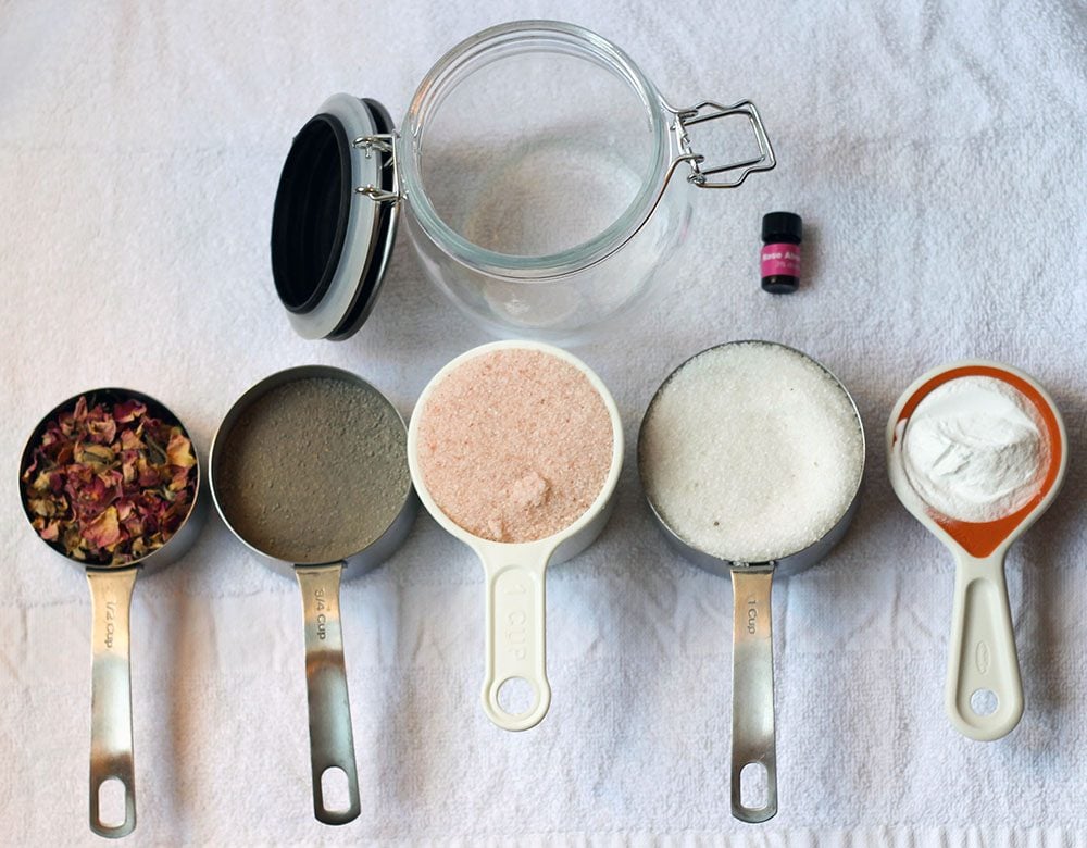 Rose Petal Bath Soak ingredients in measuring cups.