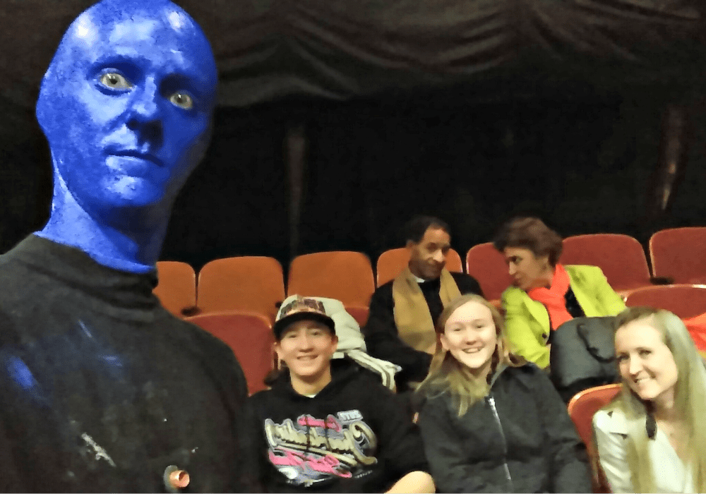 A Blue Man in the audience with Shelley, Adam, and Chesney.