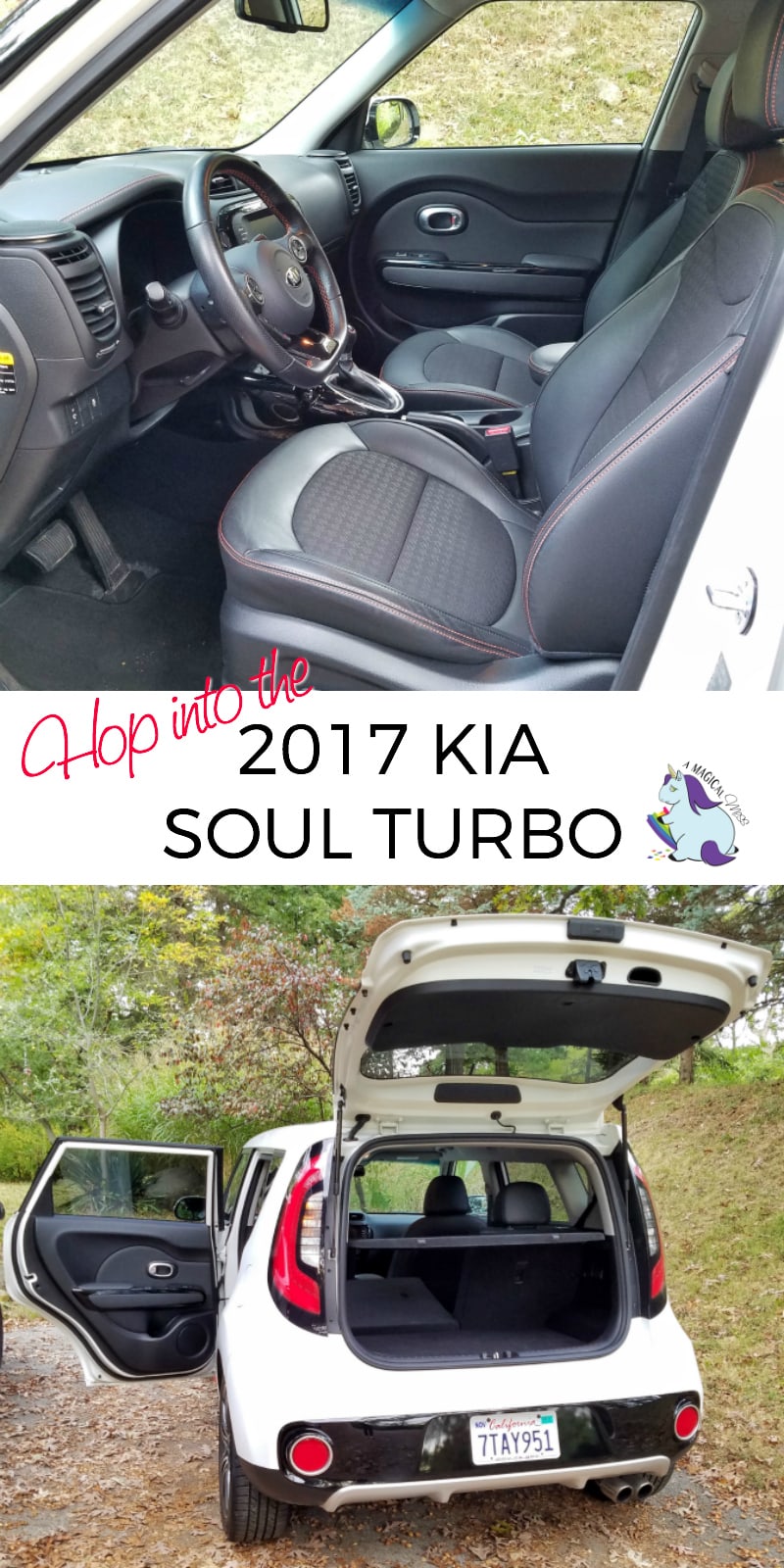 Front seat and doors open of the 2017 Kia Soul.