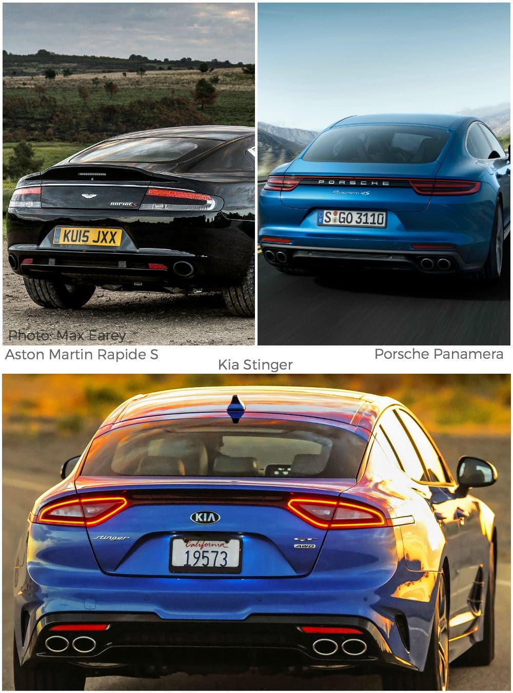 Collage of an Aston Martin, Porsche, and Kia Stinger.