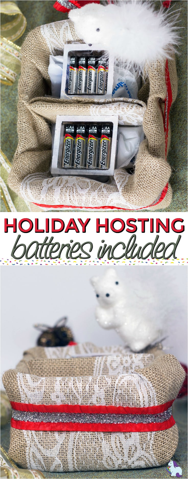 Batteries in a holiday decorated basket.