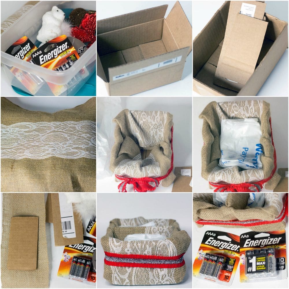 Energizer batteries, a box, and holiday decorations in a collage showing the steps to make a battery basket.