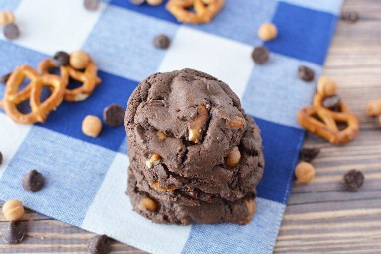 Chocolate cookies with pretzels in them.