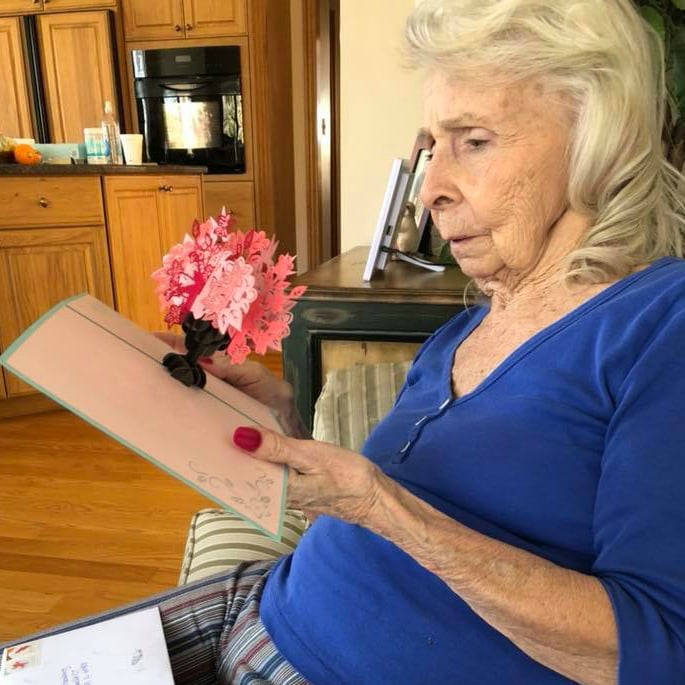 My Gram holding a popup card.