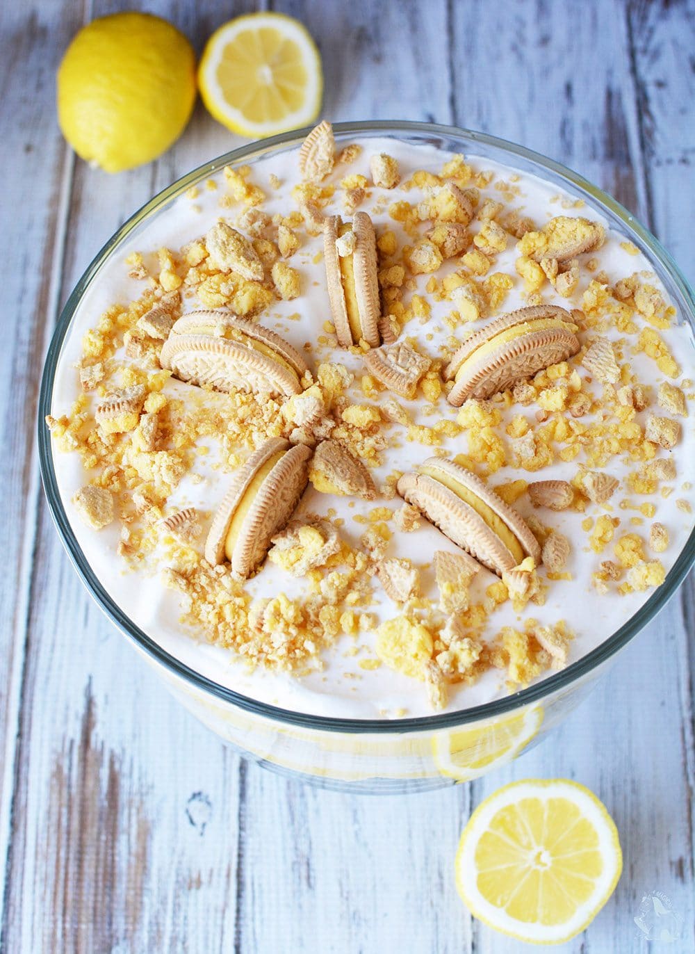 Lemon trifle topped with Lemon Crème OREO cookies. 