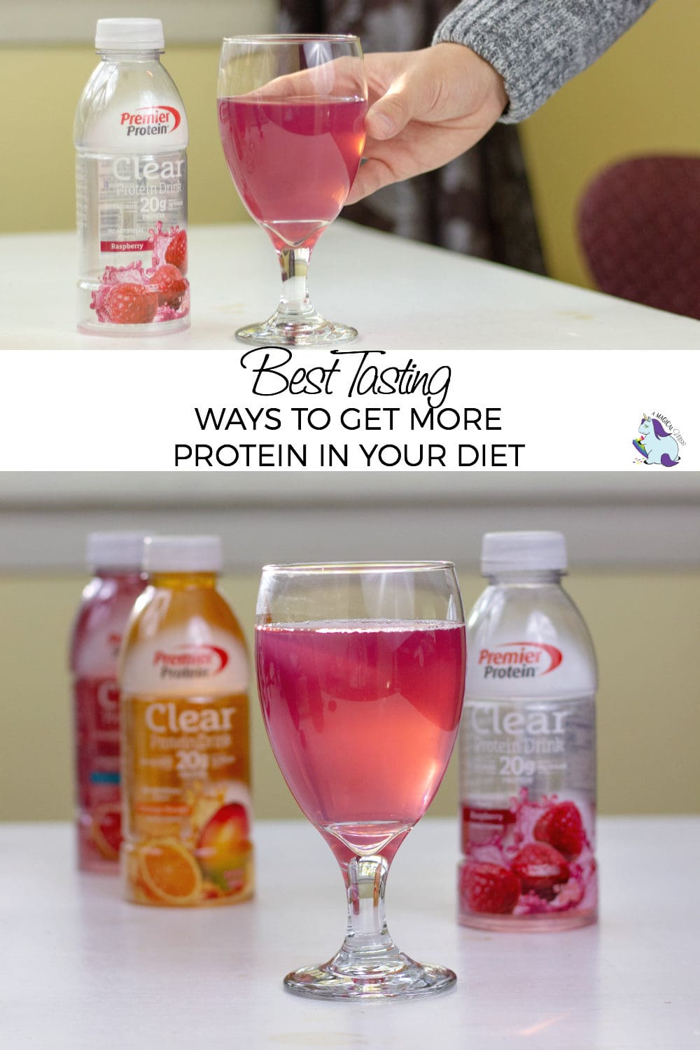 Premier Protein drinks in their containers and in a glass.