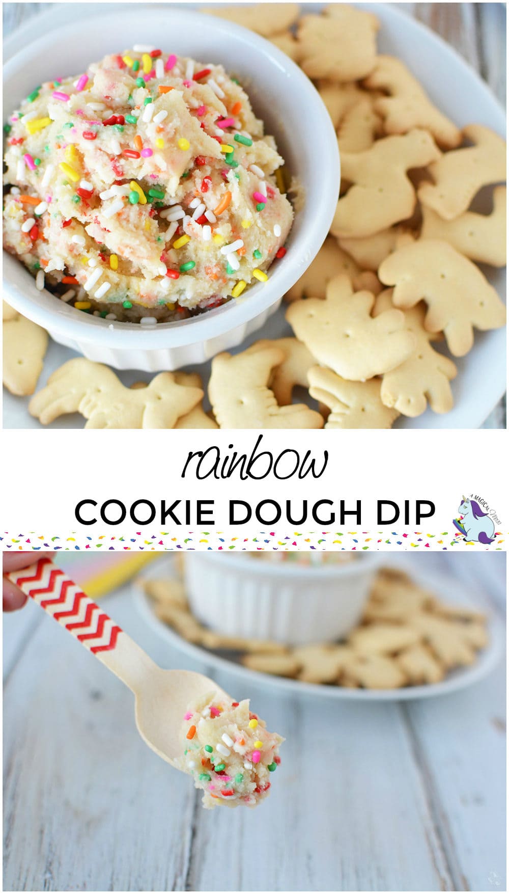 Bowl of cookie dough with sprinkles surrounded by animal crackers.
