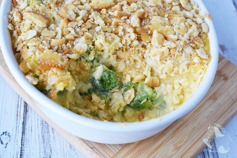 Cheesy rice casserole topped with crackers.