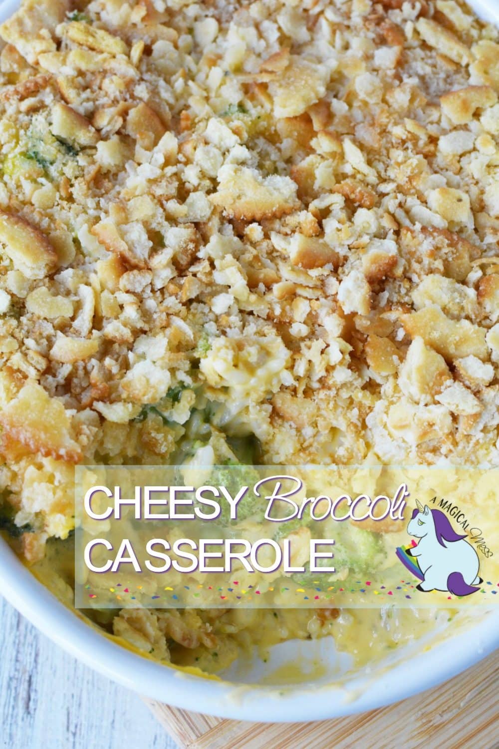 Broccoli and rice casserole topped with crackers in a dish.
