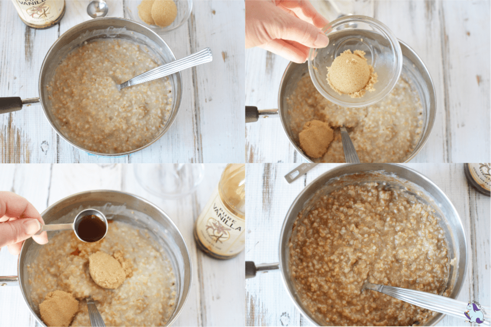 Stirring oats and other ingredients in a collage of images to make oatmeal. 