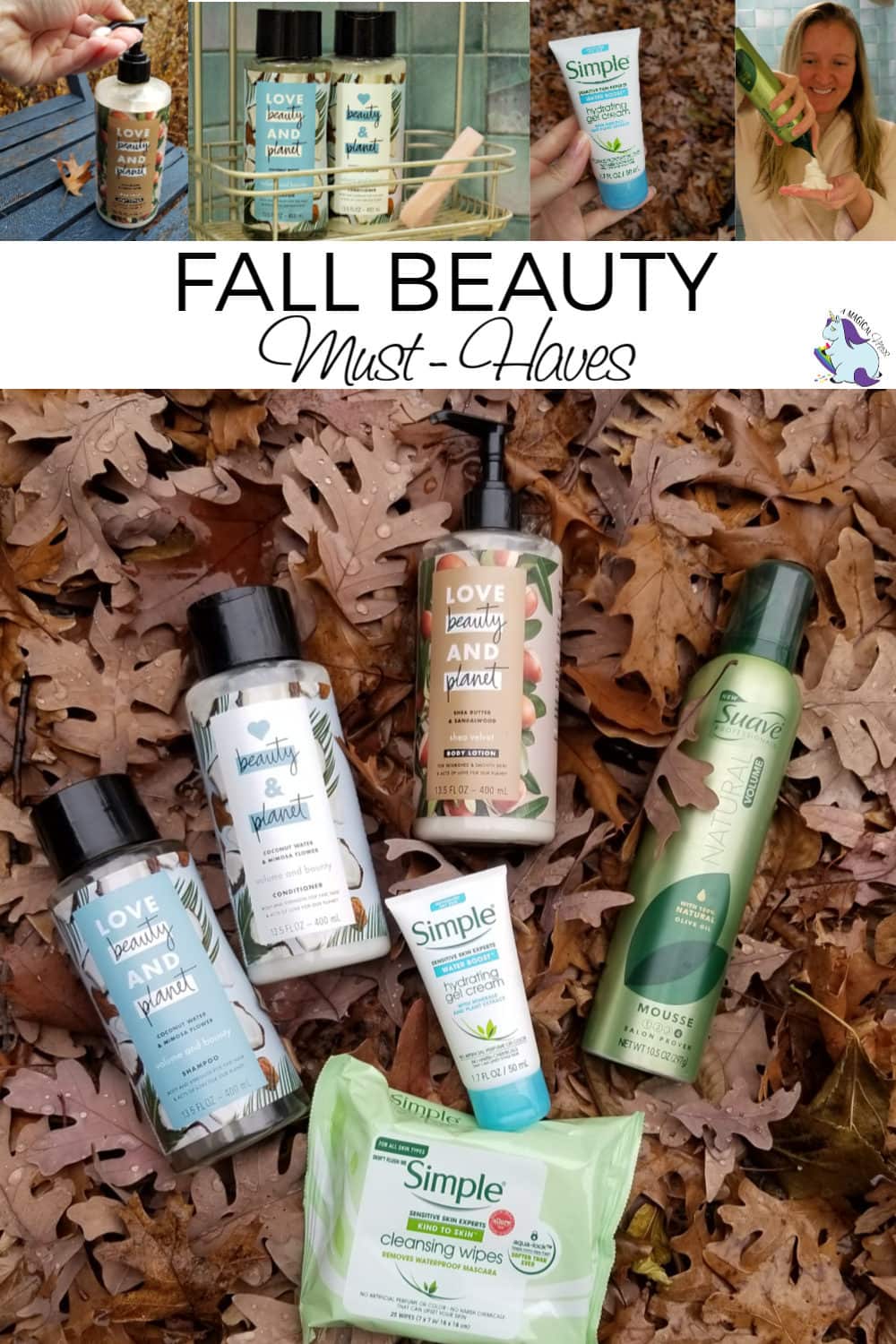 Collage of hair products in fall leaves.