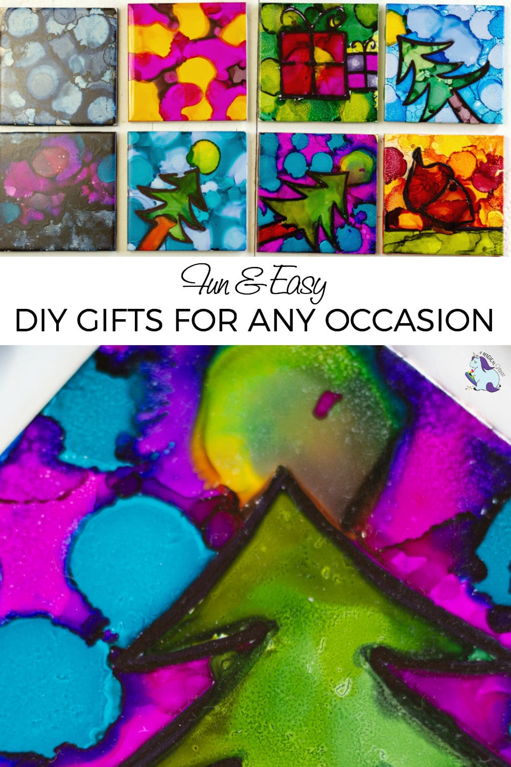 8 tiles decorated with alcohol ink in a Christmas theme. Closeup of a Christmas tree ink tile on the bottom of the collage. 