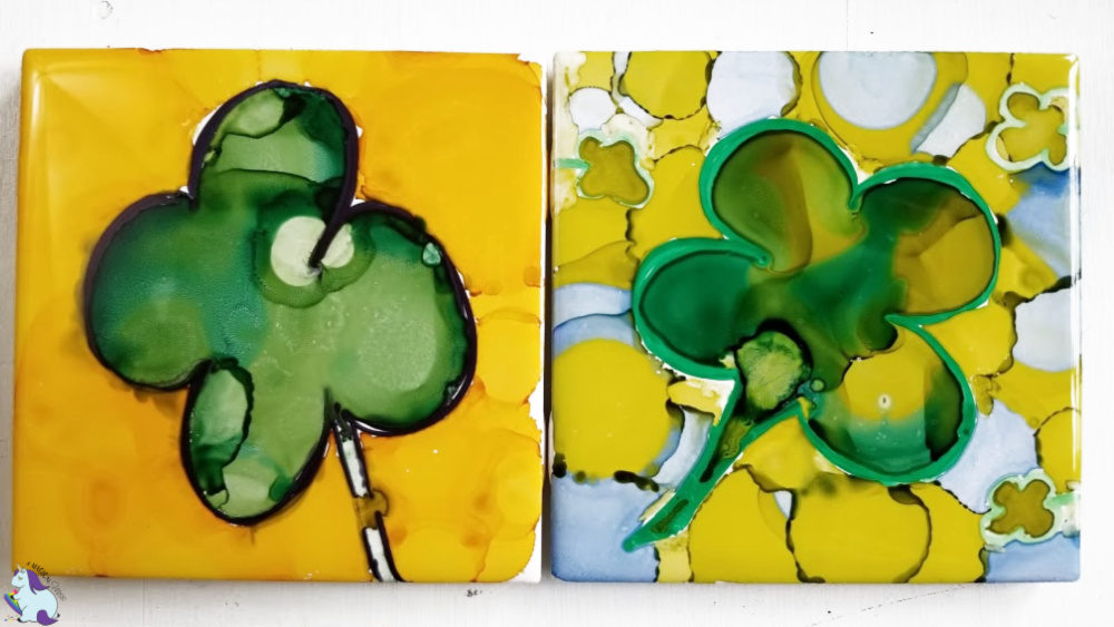 abstract alcohol ink four leaf clovers on tile