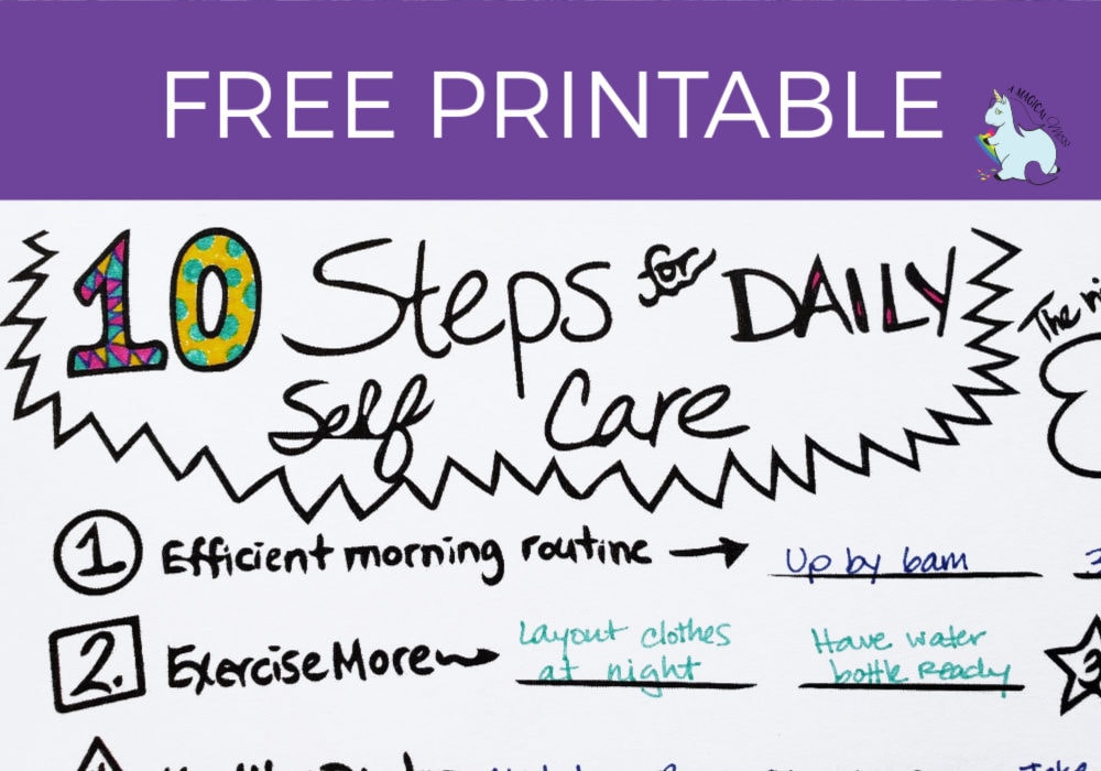 Free printable for 10 steps for daily self care.