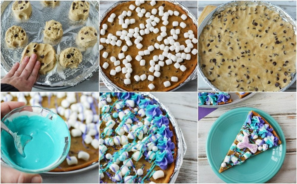 Placing cookie dough into a pan and other steps to make a mermaid cookie pizza in a collage.