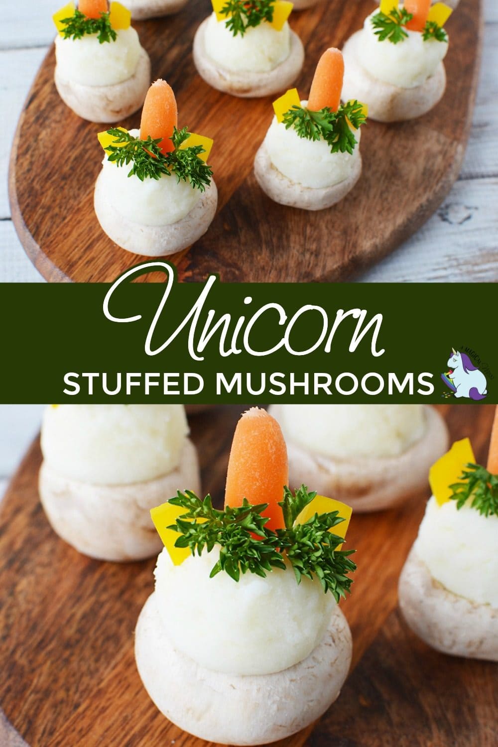 Stuffed mushrooms that look like unicorns.