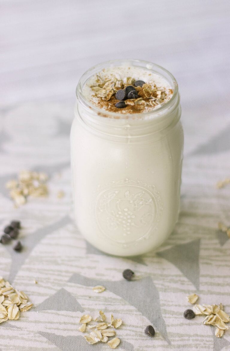 Smoothie with oats, chocolate chips, and cinnamon.