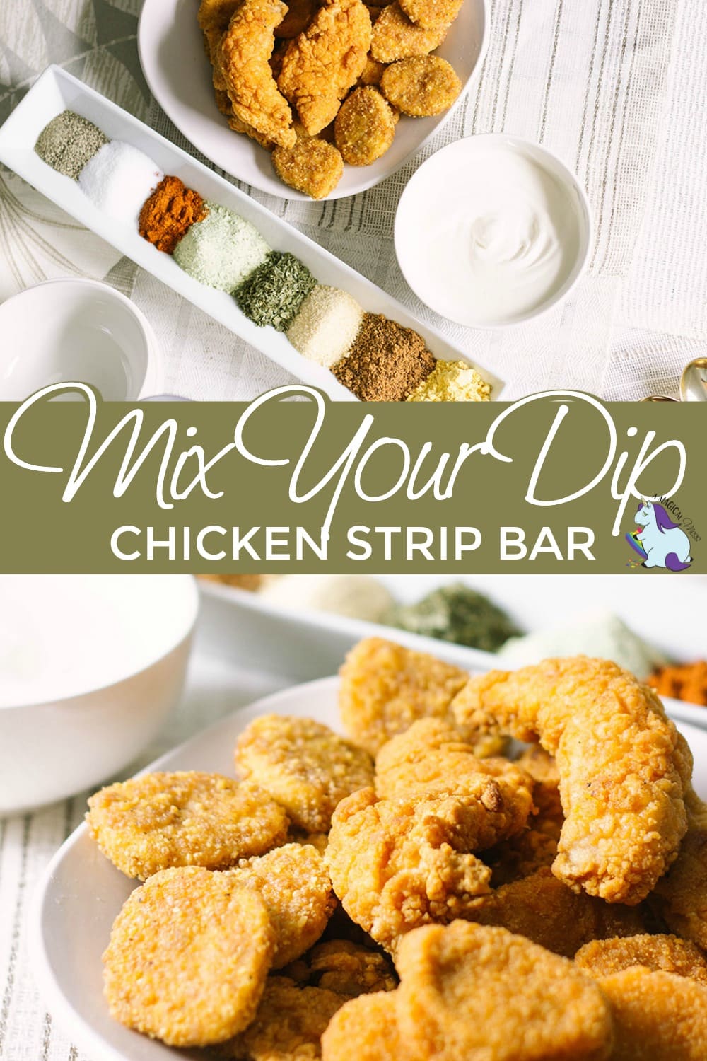 Chicken strips on a table with seasonings to mix dips. 