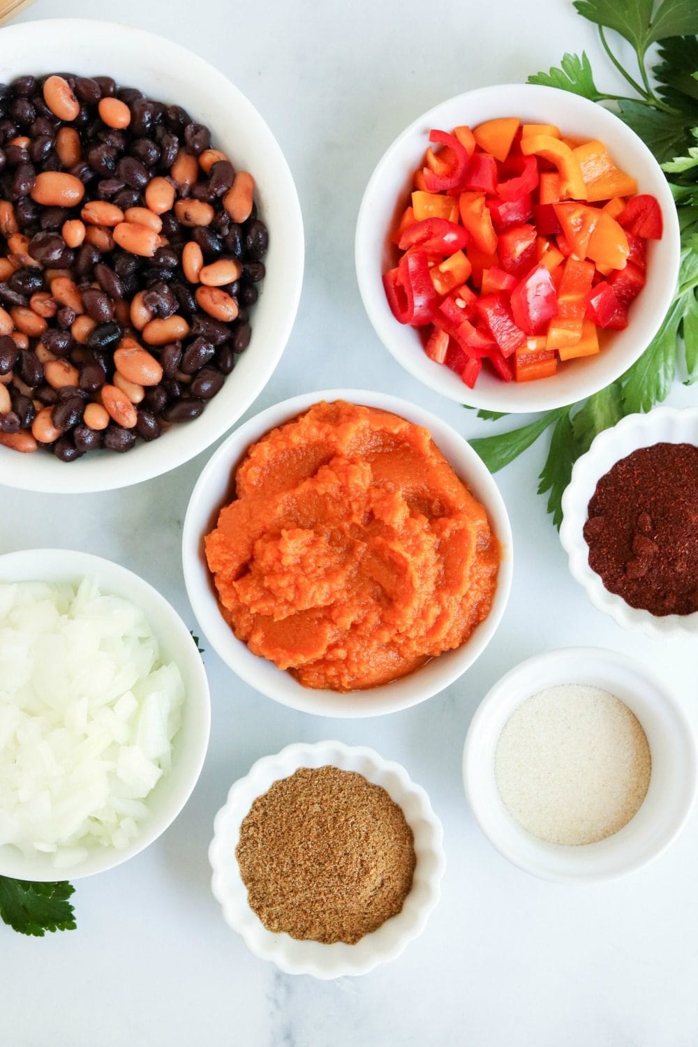 Ingredients to make pumpkin chili. 
