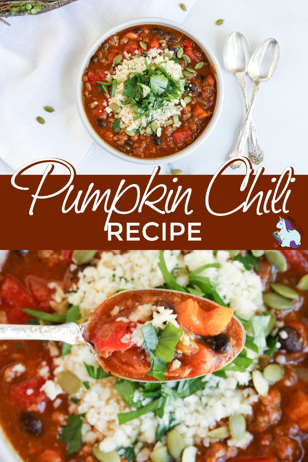 Pumpkin chili in a bowl and up close with a spoon.