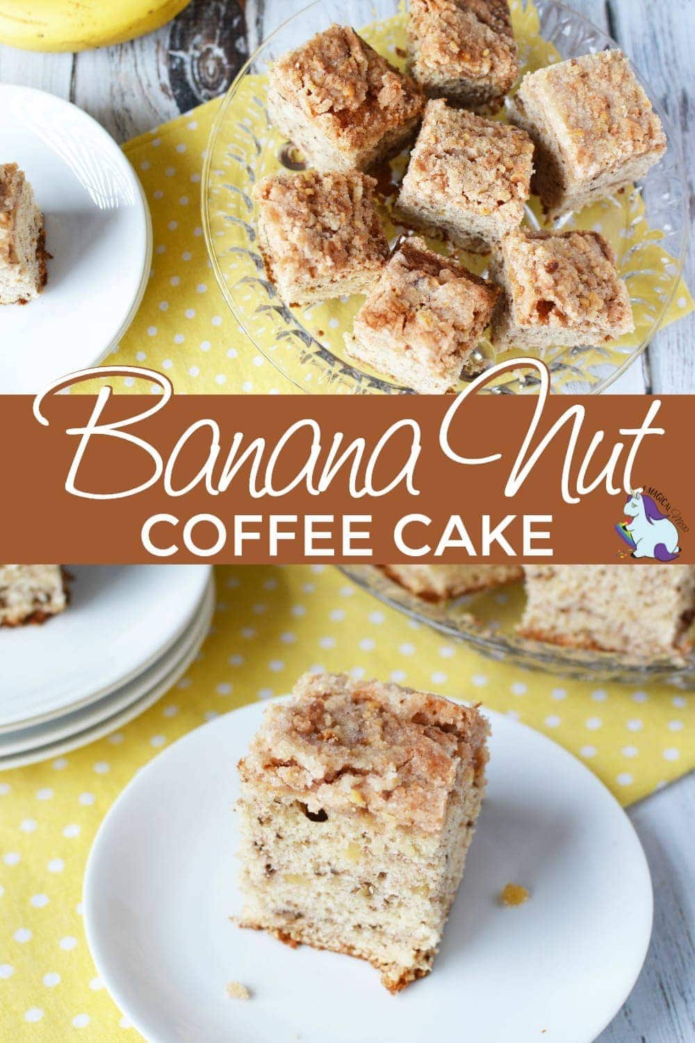 Slices of banana nut coffee cake on a plate. 