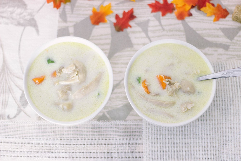 Two bowls of low carb chicken soup overhead shot.