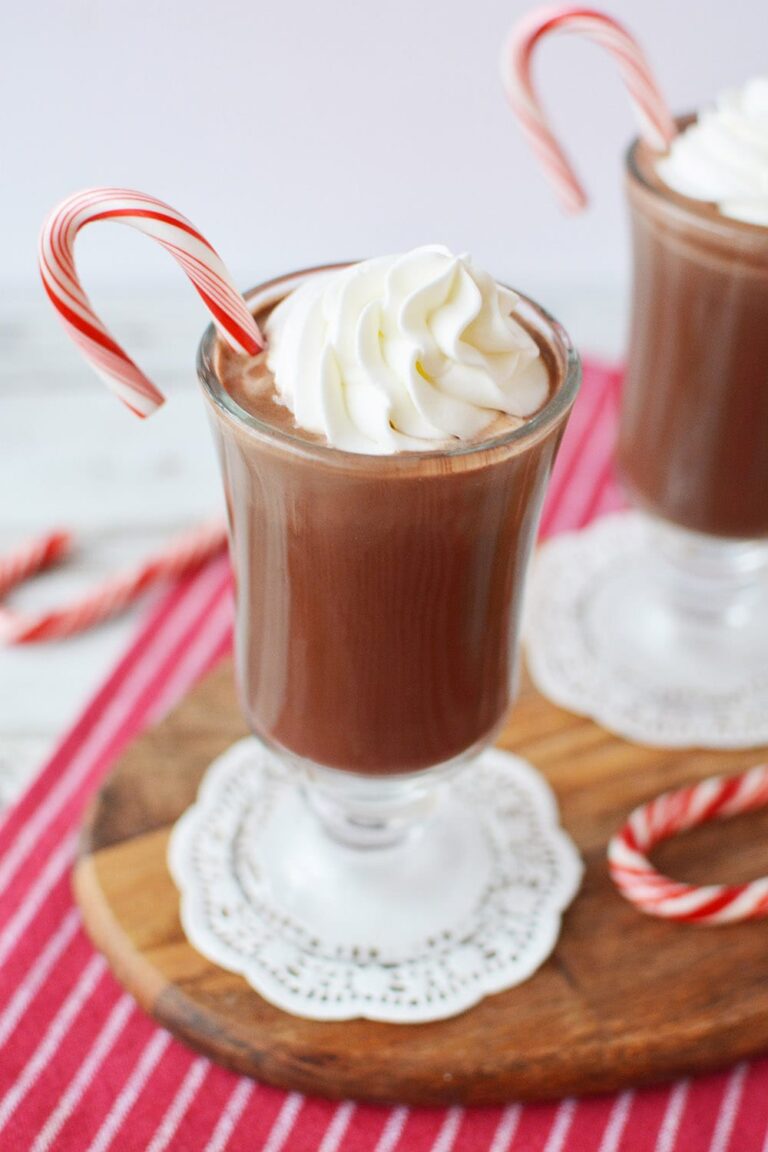 Peppermint mocha in a mug with candy cane
