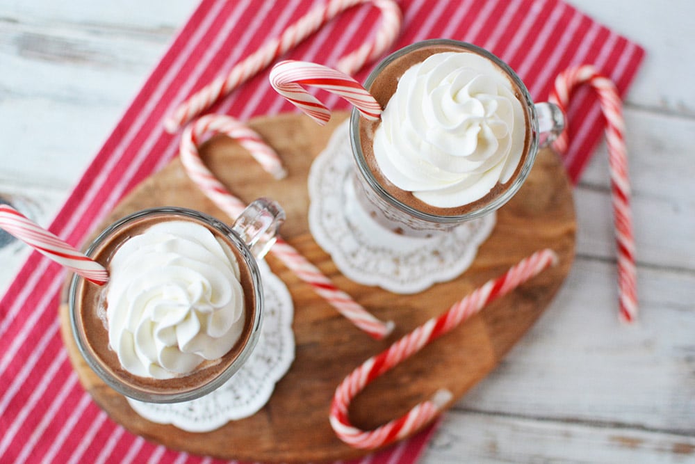 Overhead shot of mocha topped with whipped cream.
