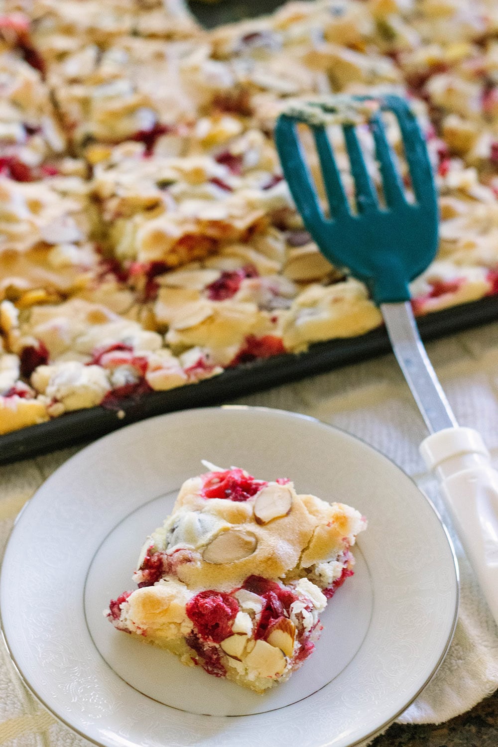 Cranberry cake on a plate with pan and spatula.