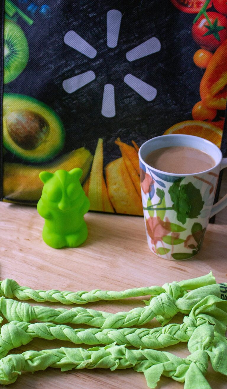 Dog toy, coffee, and walmart bag