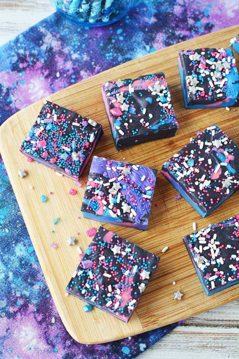 Overhead shot of galaxy chocolate fudge on a serving platter.