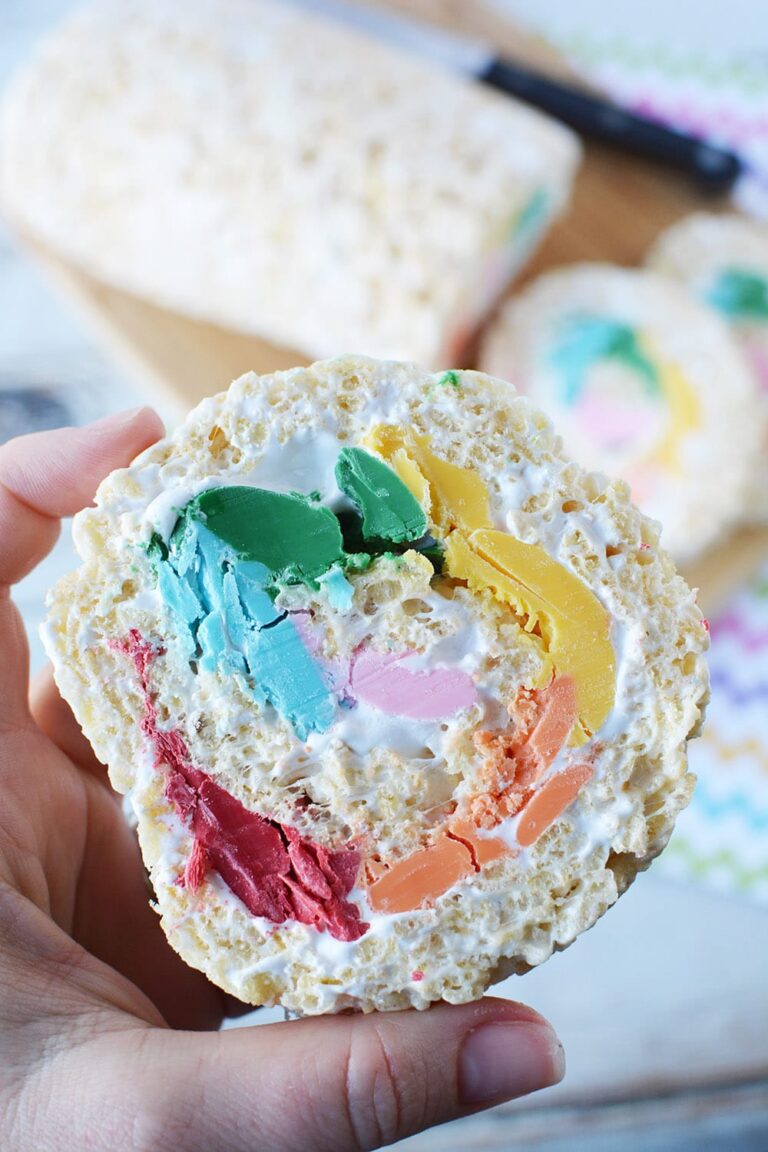 Rainbow pinwheel Rice Krispies treat cut